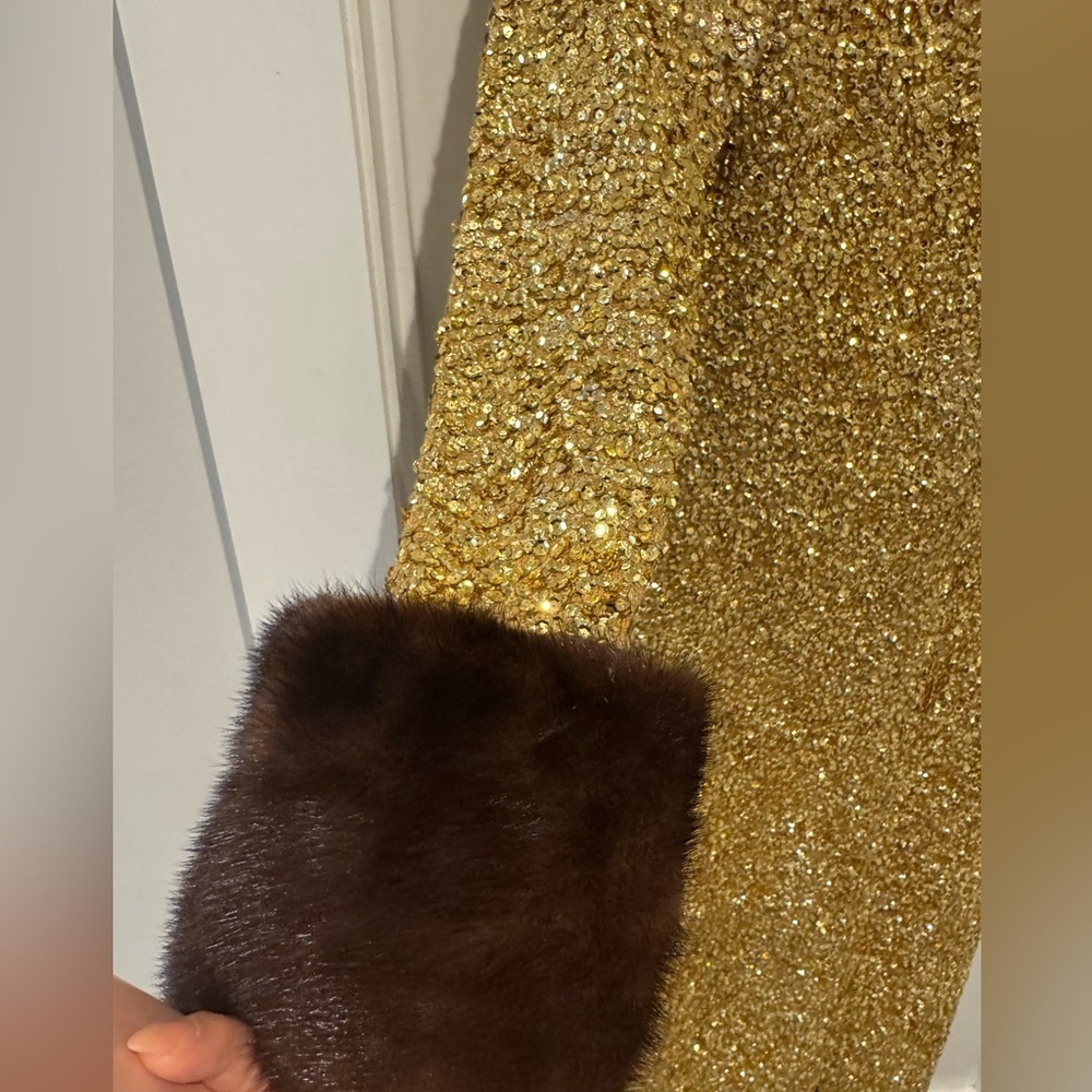 1960s Gene Shelly's Gold Sequin Keyhole Long Bell Sleeve Vintage Wool 60s Gown - Picture 8 of 17